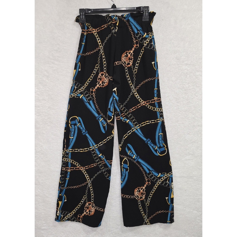 Vintage‎ Rainbow Women's Black Wide Leg Trouser Pants Chain And Belts Print Sz 8